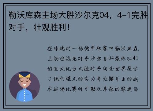 勒沃库森主场大胜沙尔克04，4-1完胜对手，壮观胜利！